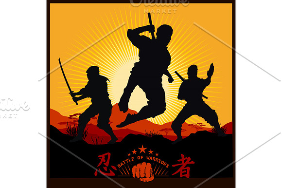 Silhouettes Of Ninja Warriors Against A Landscape