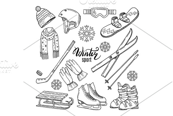 Illustrations Of Winter Sport Scarf Gloves Ski And Others