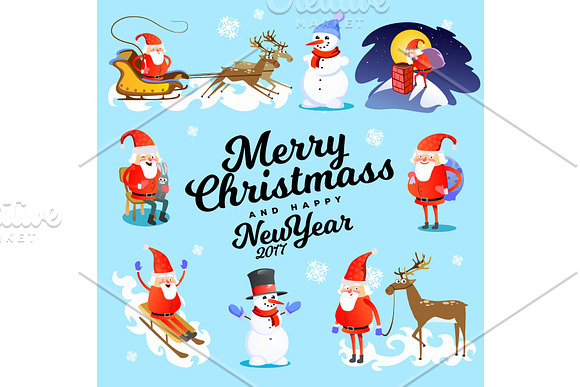 Baby In Hands Of Santa Claus Makes Wish Man In Red Suit And Beard With Bag Of Gifts Behind Him Climbs Into Chimney Sleigh Reindeer Harness Drive Christmas Mood Merry Snowman Vector Illustration