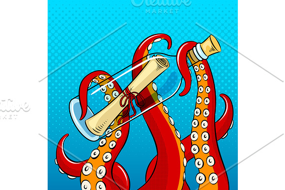 Octopus And Message In Bottle Pop Art Vector