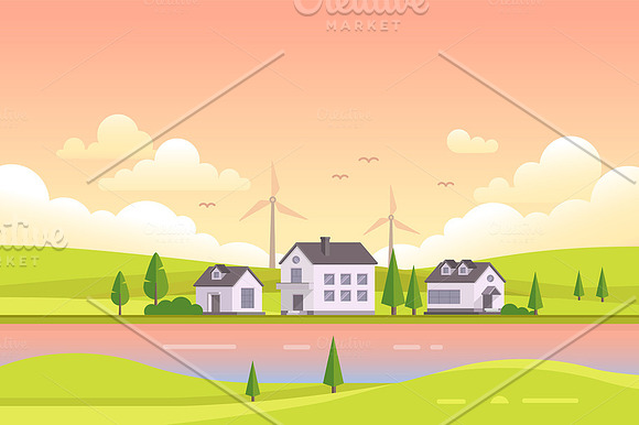 Small houses by the river during sunset - modern vector illustration in Illustrations