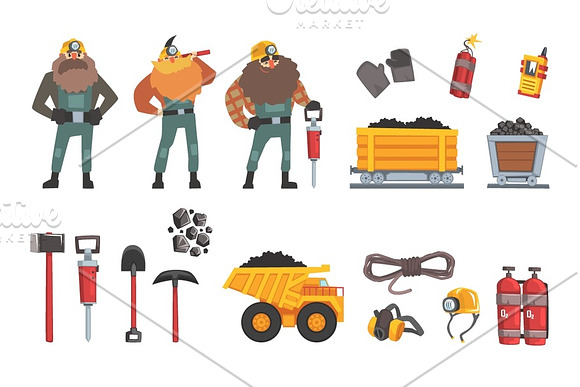 Coal Mining Industry Set Working Miners Transport Miner Equipment And Tools Vector Illustration