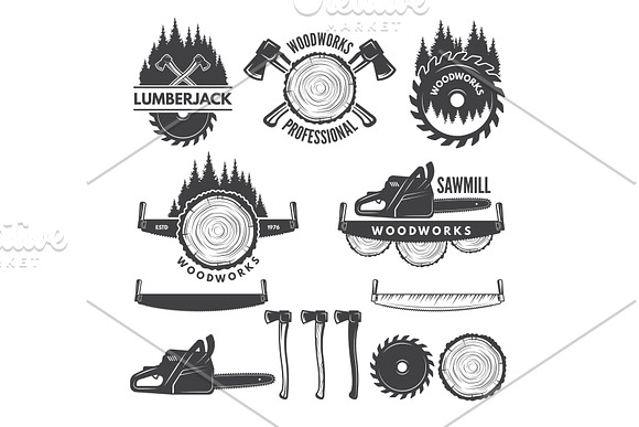 Monochrome Labels Set With Lumberjack And Pictures For Wood Industry