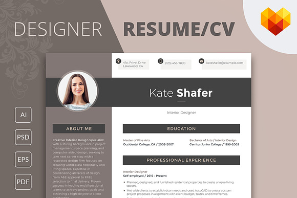 Editable Resume Interior Designer Resume Templates Creative Market