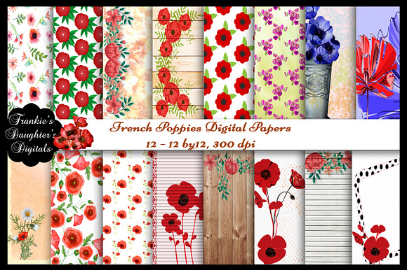 French Poppies Digital Papers in Illustrations