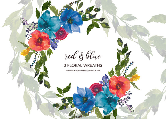 Watercolor Red & Blue Flowers Wreath in Illustrations