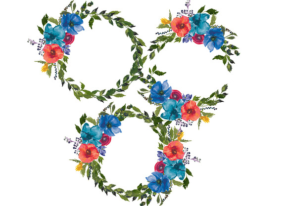 Watercolor Red & Blue Flowers Wreath in Illustrations - product preview 1