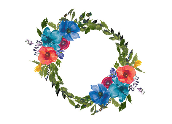 Watercolor Red & Blue Flowers Wreath in Illustrations - product preview 2