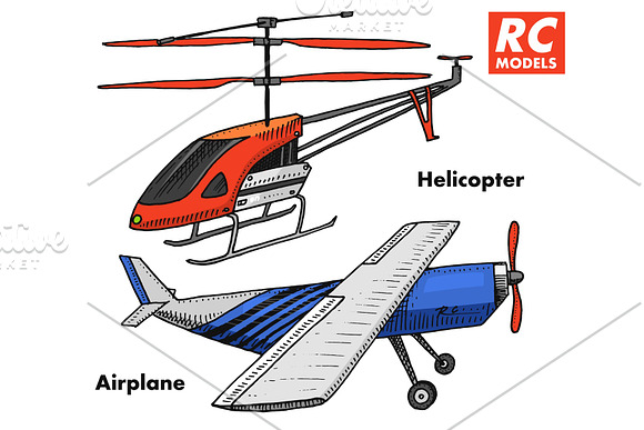 RC Transport Remote Control Models Toys Design Elements For Emblems Icon Helicopter And Aircraft Or Plane Revival Radios Tuner Broadcasting System Innovative Technologies Engraved Hand Drawn