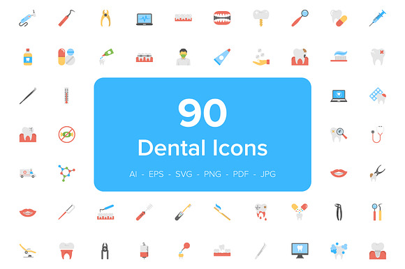 90 Dental Flat Vector Icons Set