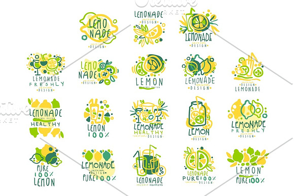 Lemonade 100 Percent Pure Lemon Set For Label Design Hand Drawn Colorful Vector Illustrations