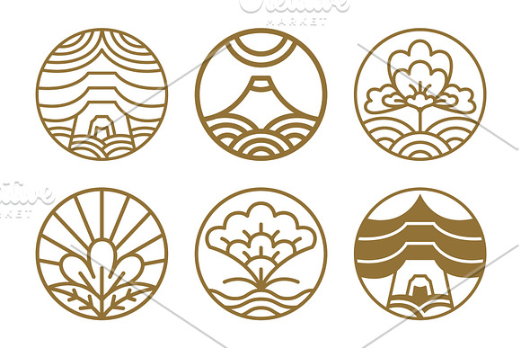 Japanese Icons Set Flowers Vector Illustration