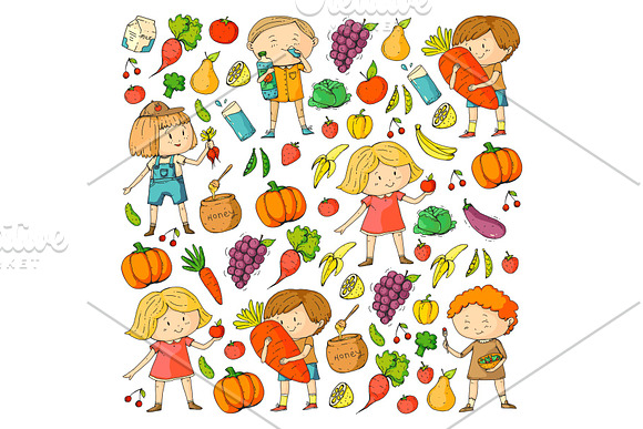 Children School And Kindergarten Healthy Food And Drinks Kids Cafe Fruits And Vegetables Boys And Girls Eat Healthy Food And Snacks Vector Doodle Preschool Pattern With Cartoons Kids Drawing