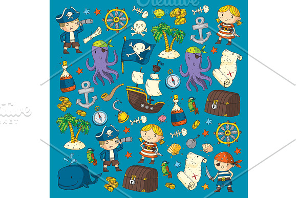 Pirate Adventures Pirate Party Kindergarten Pirate Party For Children Adventure Treasure Pirates Octopus Whale Ship Kids Drawing Vector Pattern For Banners Leaflets Brochure Invitations
