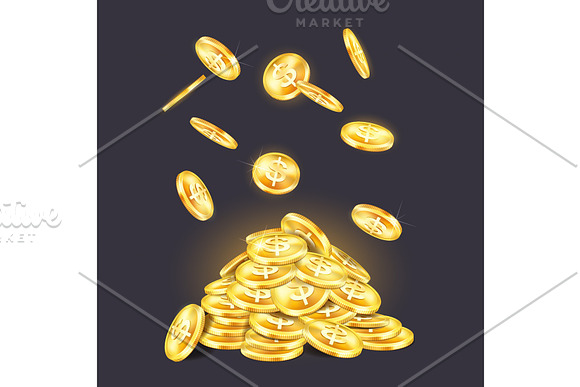 Golden Coins Pile Or Stack With Falling Cash
