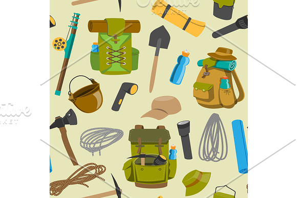 Backpack Camp Vector Backpacking Travel Bag With Tourist Equipment In Hiking Camping And Climbing Sport Knapsack Or Rucksack Set Illustration Seamless Pattern Background