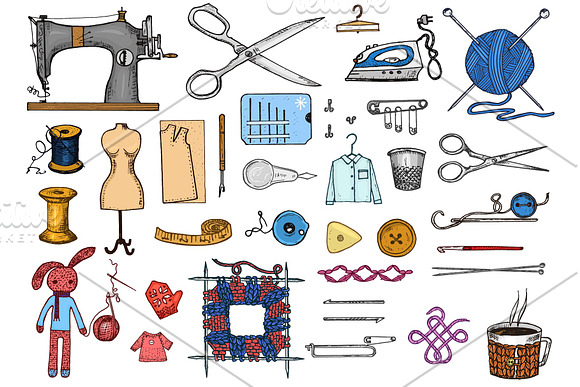Set Of Sewing Tools And Materials Or Elements For Needlework Handmade Equipment Tailor Shop For Labels Badgess Thread And Needle Mannequin Engraved Hand Drawn Realistic In Old Vintage Sketch