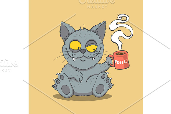 Sleepy Cat Drinks Coffee In The Morning