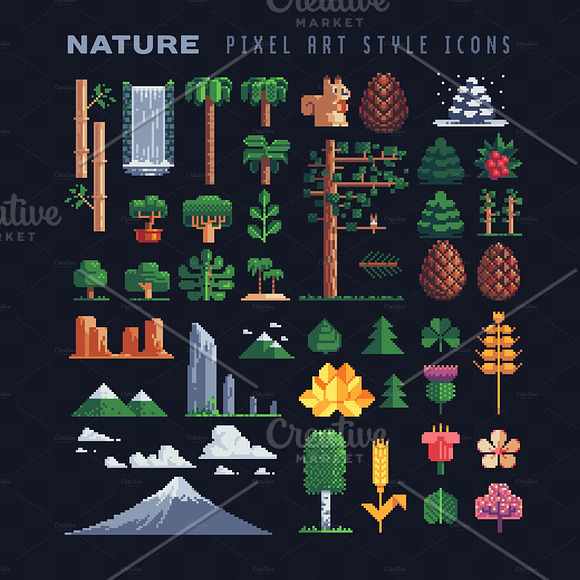 Nature pixel art icons set. in Icons