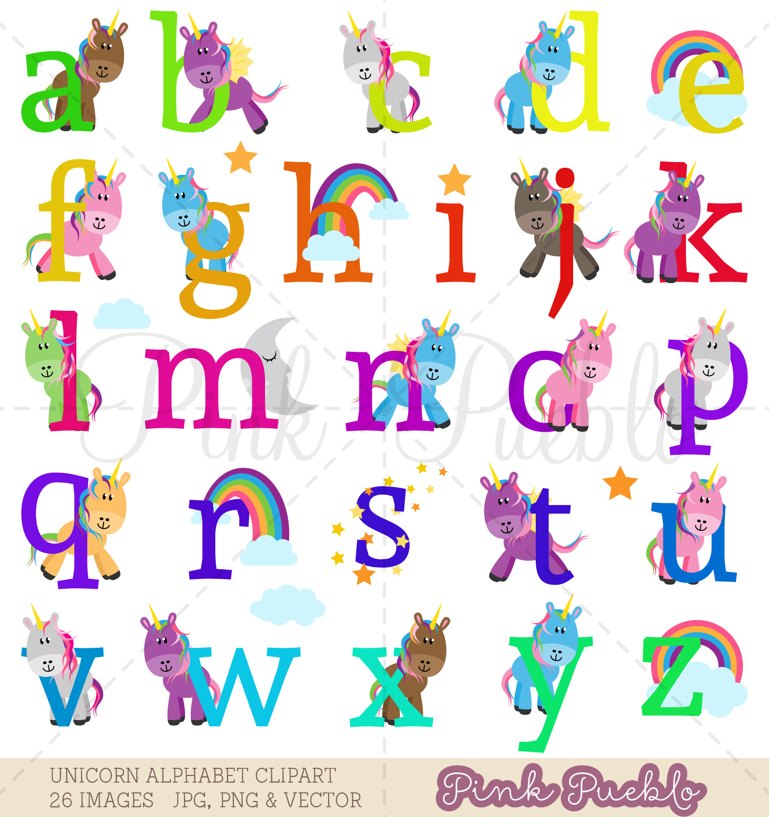 Lowercase Unicorn Alphabet Clipart Illustrations Creative Market