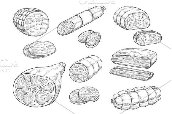 Vector Sketch Iocon Of Meat And Sausage Products