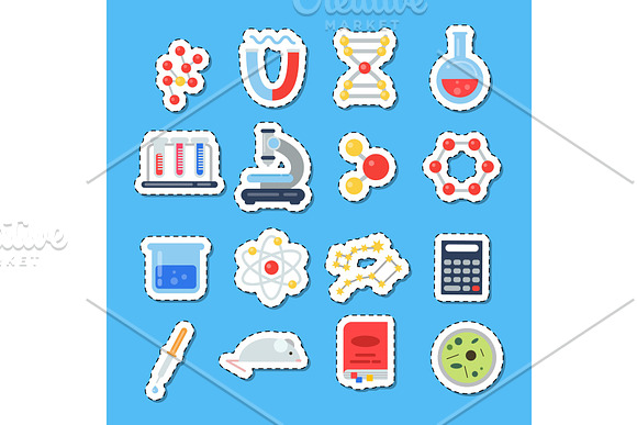 Vector Flat Style Science Icons Stickers With Shadows Set