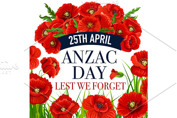 Anzac Day 25 April Poppy Vector Greeting Card