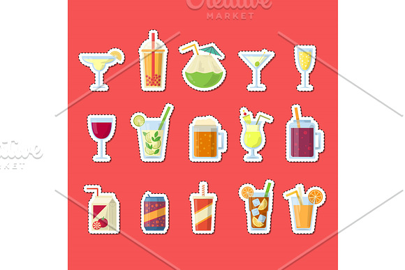 Vector Stickers Set With Alcoholic Drinks In Glasses And Bottles In Flat Style Elements