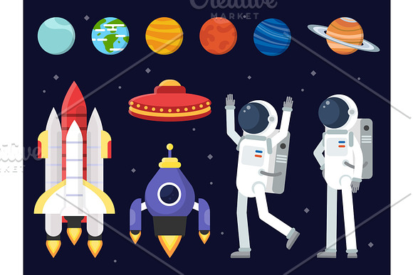 Set Of Planets Space Shuttles And Astronauts In Flat Style
