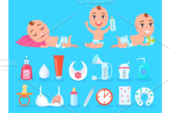 Baby And Objects For Kid Care Vector Illustration