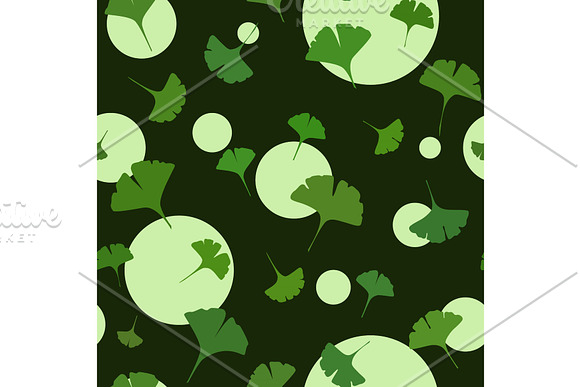 Ginkgo Seamless Pattern On Dark Background With Cute Circles