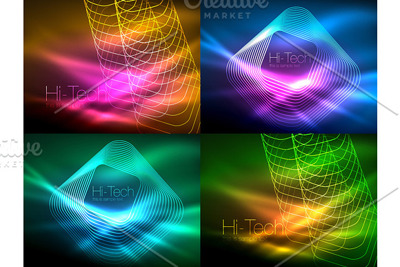 Set Of Glowing Flowing Wave Neon Backgrounds Energy Concept Wave Lines
