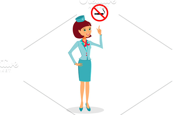 Cartoon Flight Attendant In Uniform Pointing On No Smoking Sign