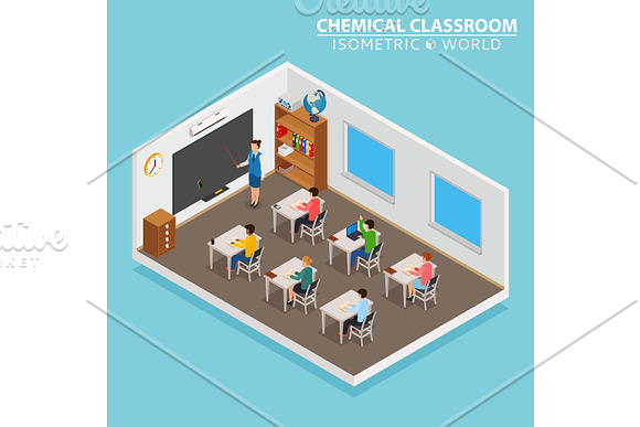 School And Learning Isometric Concept With Teacher And Children On Blue Background