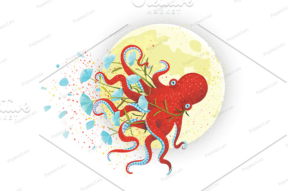 Octopus And Moon On White
