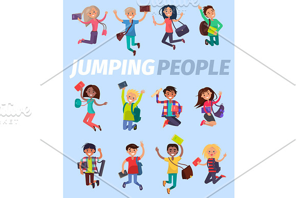 Jumping People Twelve Happy Students Flat Design