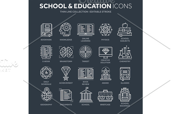 School Education University Study Learning Process Oline Lessons Tutorial Student Knowledge History Book.Thin Line White Web Icon Set Outline Icons Collection.Vector Illustration