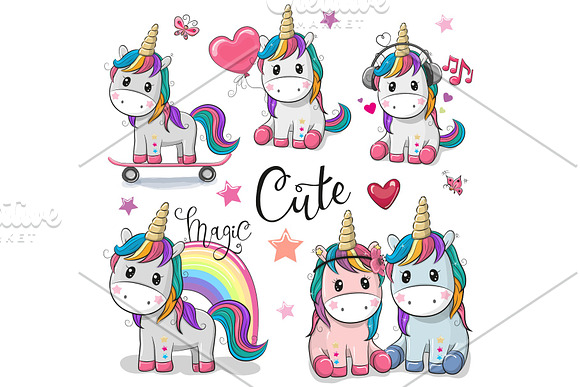 Set Of Cute Cartoon Unicorns