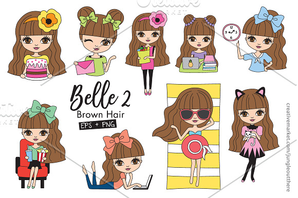 Brown Hair Woman Activity Set in Illustrations