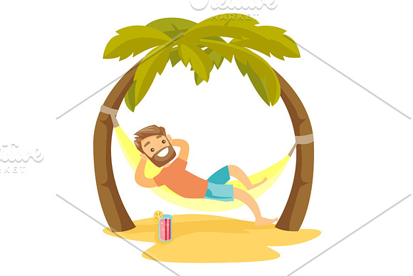 Caucasian White Man Lying In Hammock On The Beach