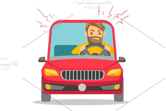 Angry Caucasian Man In Car Stuck In Traffic Jam
