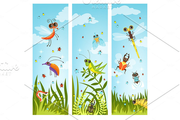 Vertical Web Banners With Illustrations Of Cartoon Insects