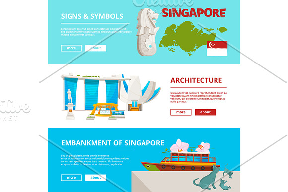 Banners Template With Cultural Objects And Landmarks Of Singapore