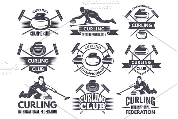 Monochrome Badges Of Curling Labels For Sport Teams