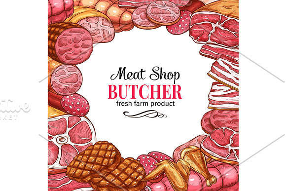 Butcher Shop Poster With Frame Of Meat And Sausage