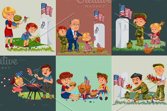 Senior Man With Children In Military Cemetery Near Grave With White Monument To Veteran Family Boy And Girl Memory And Remember War Heroes American Flag Tokens Vector Illustration