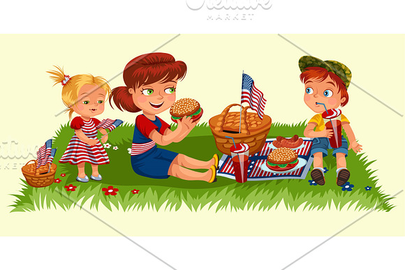 Mother With Two Children Sitting On Green Grass In Park Or Garden Picnic Basket With Food And American Flags Woman And Boy Eating Burgers In Nature And Drinking Soda Girl Enjoying Holiday Vector Illustration