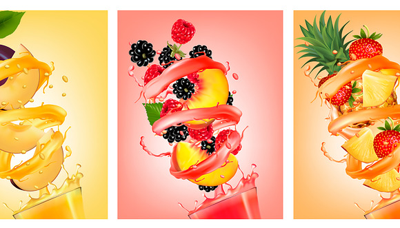 Set Of Fruit In Juice Splashes