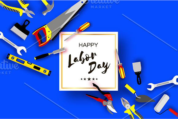 Happy Labor Day Greetings Card For National International Holiday Workers Tools In Paper Cut Styl On Sky Blue Square Frame Space For Text