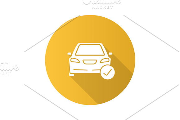 Car With Check Mark Flat Design Long Shadow Glyph Icon